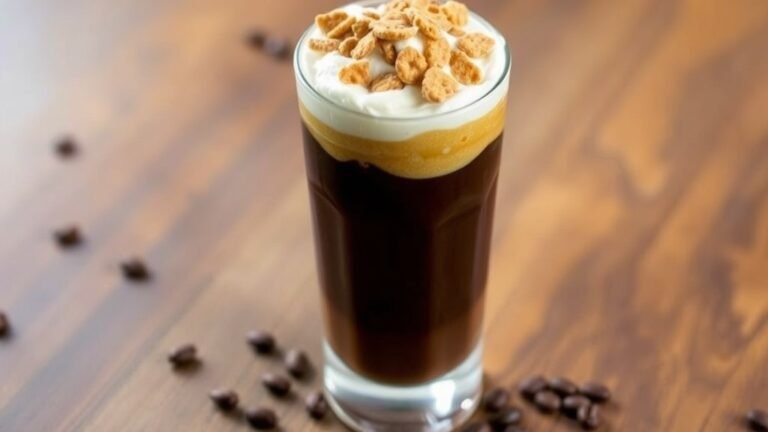 A refreshing cold brew coffee topped with whipped cream and cereal, served in a tall glass on a wooden table.