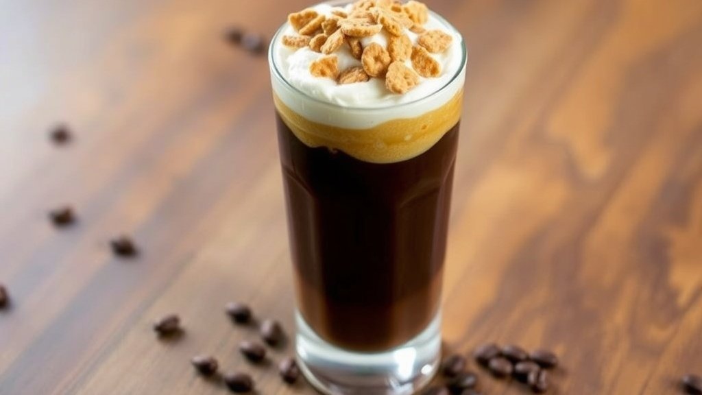 A refreshing cold brew coffee topped with whipped cream and cereal, served in a tall glass on a wooden table.