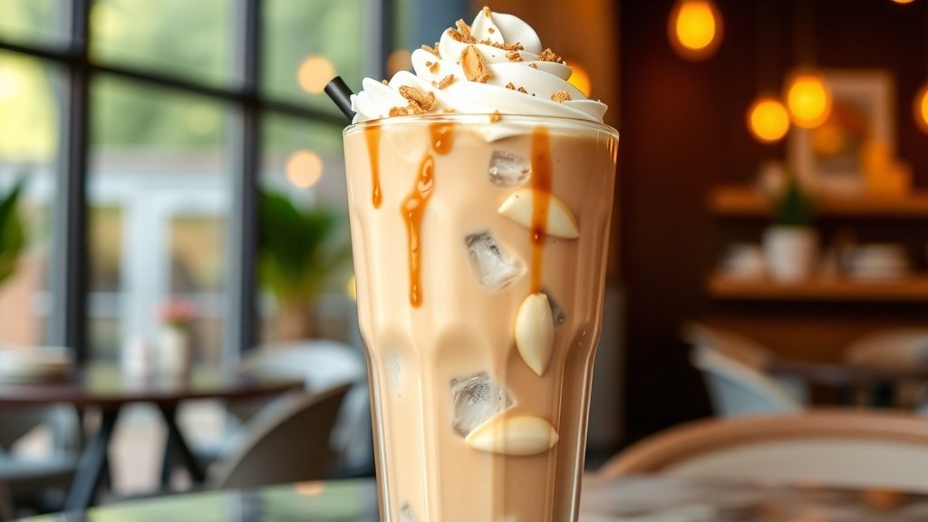 Iced almond toffee mocha latte in a glass with ice, topped with whipped cream and mocha drizzle.
