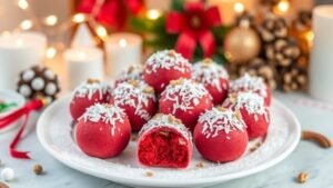 A plate of red velvet snowballs coated with coconut and nuts, set in a festive holiday setting.