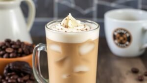Iced vanilla date latte in a glass with ice and whipped cream, surrounded by coffee beans and a Medjool date.