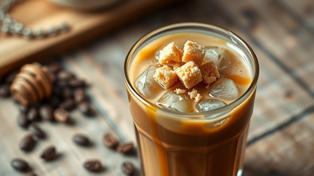 Brown Butter Honeycomb Iced Coffee Recipe Iced coffee in a glass topped with crushed honeycomb candy on a wooden table.