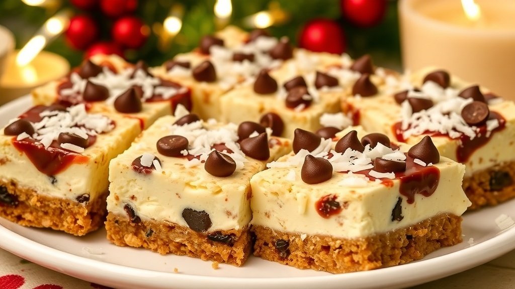 Cottage Cheese Magic Cookie Bars with layers of graham cracker crust, chocolate chips, and coconut on a festive plate.