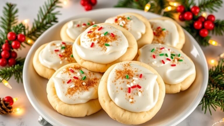 A festive plate of soft frosted eggnog cookies decorated with sprinkles and nutmeg, surrounded by holiday decorations.