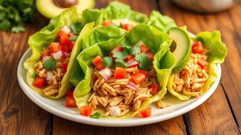 Chili lime shredded chicken lettuce wraps with tomatoes, cilantro, and avocado on a wooden table.