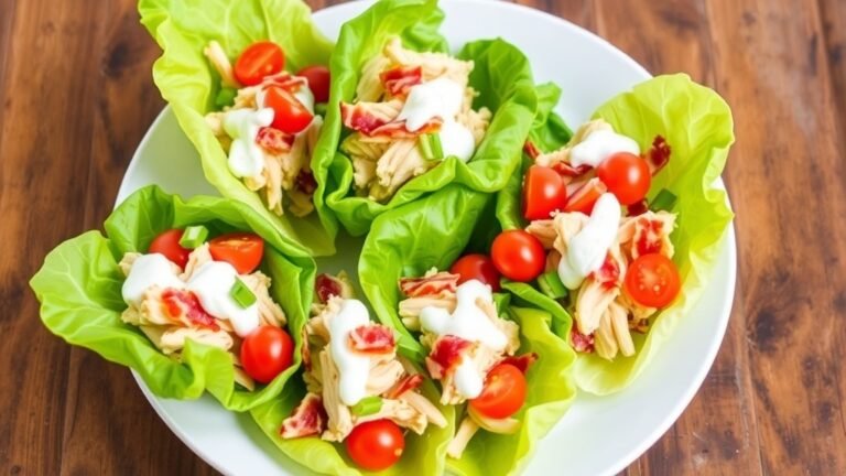 Creamy Ranch Chicken BLT Lettuce Cups with chicken, bacon, and tomatoes on lettuce leaves.