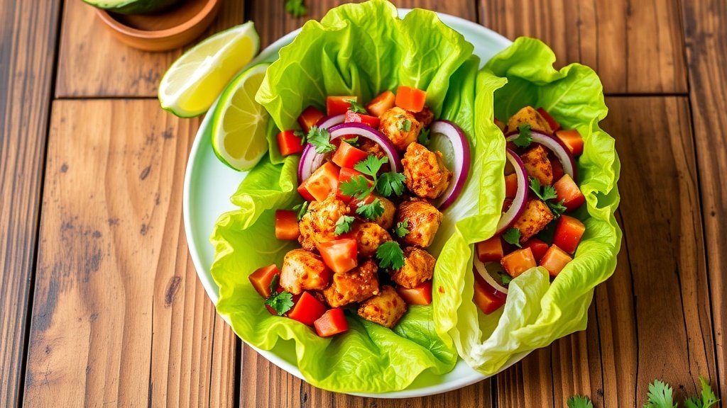 Cajun chicken lettuce boats with tomatoes, onions, and avocado, served with lime on a rustic table.