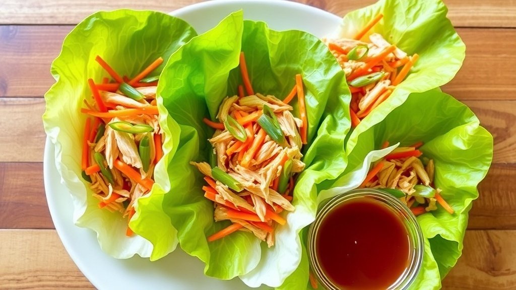 Teriyaki chicken lettuce wraps with shredded chicken, carrots, and green onions, served on a plate with teriyaki sauce.