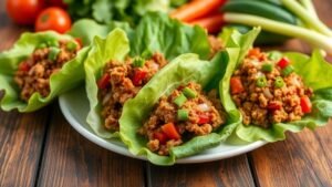 Ground chicken sloppy joe lettuce wraps filled with savory chicken mixture, garnished with green onions, on a rustic table.