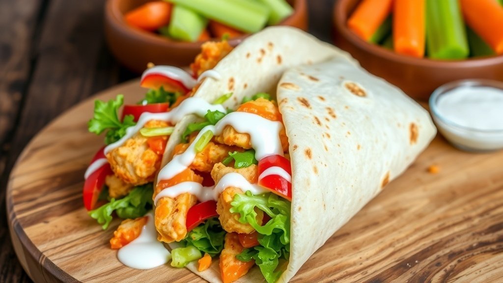 Buffalo Ranch Air Fryer Chicken Wraps Buffalo Ranch Chicken Wrap filled with chicken, lettuce, tomatoes, and cheese on a wooden table.