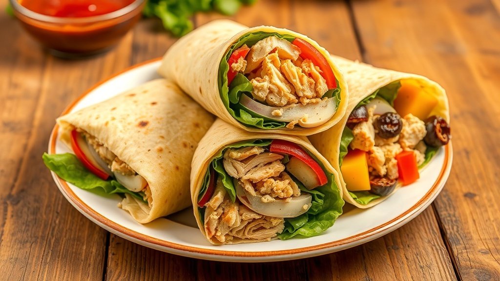 Lemon Pepper Rotisserie Chicken Veggie Wraps Lemon pepper chicken veggie wraps filled with fresh vegetables, served on a plate with dipping sauce.
