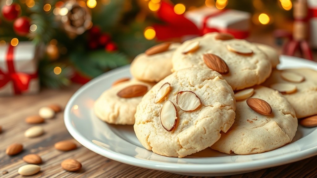 A festive plate of almond meltaway cookies with sliced almonds, set in a holiday-themed background.