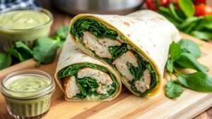 Creamy pesto chicken and spinach tortilla wrap sliced in half, showcasing the filling, on a wooden board with pesto sauce and spinach.