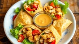Honey Mustard Chicken Crunch Wraps cut in half, filled with chicken, lettuce, and tomatoes, served with honey mustard sauce.