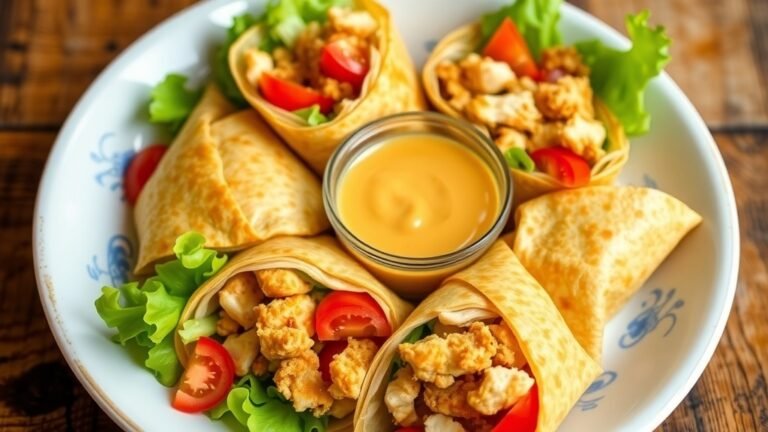 Honey Mustard Chicken Crunch Wraps cut in half, filled with chicken, lettuce, and tomatoes, served with honey mustard sauce.