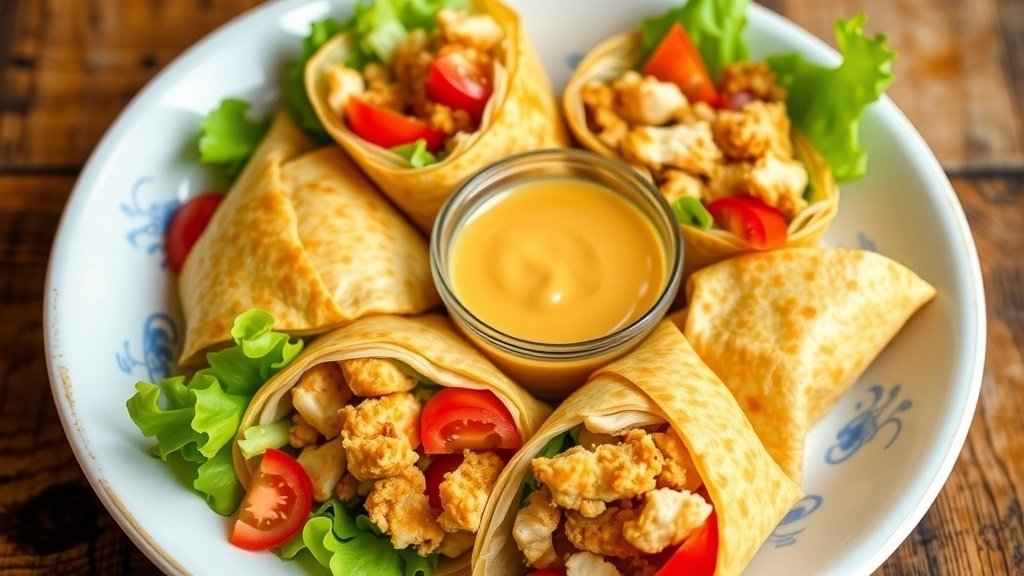 Honey Mustard Chicken Crunch Wraps Honey Mustard Chicken Crunch Wraps cut in half, filled with chicken, lettuce, and tomatoes, served with honey mustard sauce.