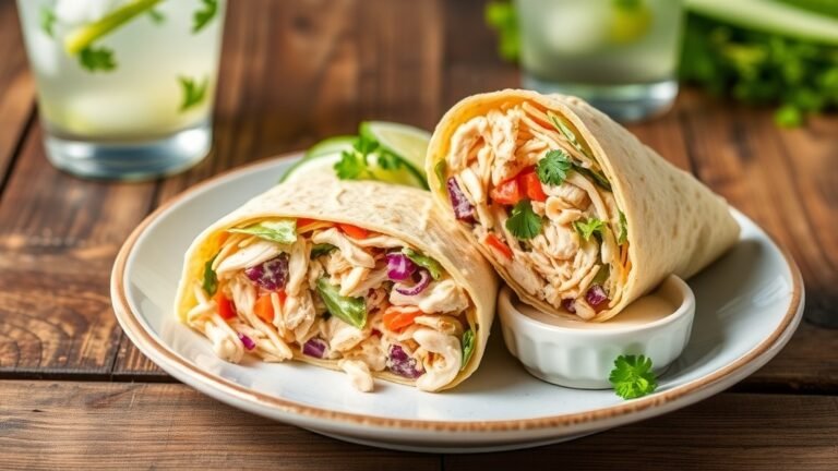 Chicken Caesar Slaw Protein Wraps cut in half, filled with shredded chicken and slaw, garnished with parsley on a rustic table.