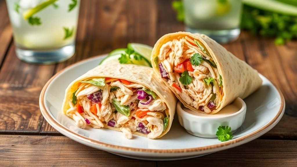 Chicken Caesar Slaw Protein Wraps cut in half, filled with shredded chicken and slaw, garnished with parsley on a rustic table.