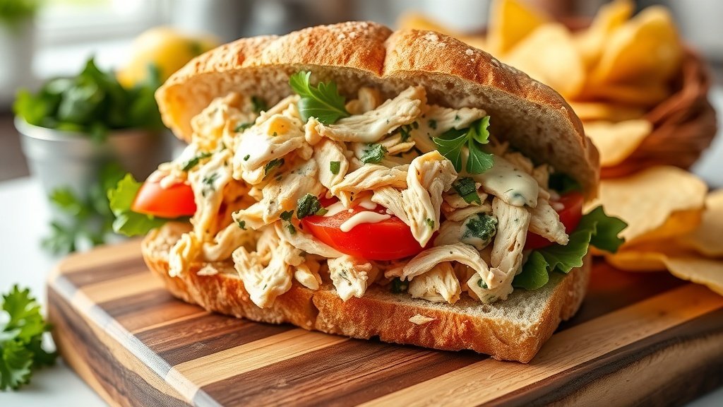 Roasted garlic chicken salad sandwich on sourdough with lettuce and tomato, served on a wooden board with chips.