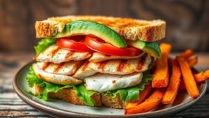 Lemon herb grilled chicken avocado sandwich with lettuce and tomato on toasted bread, served with sweet potato fries.