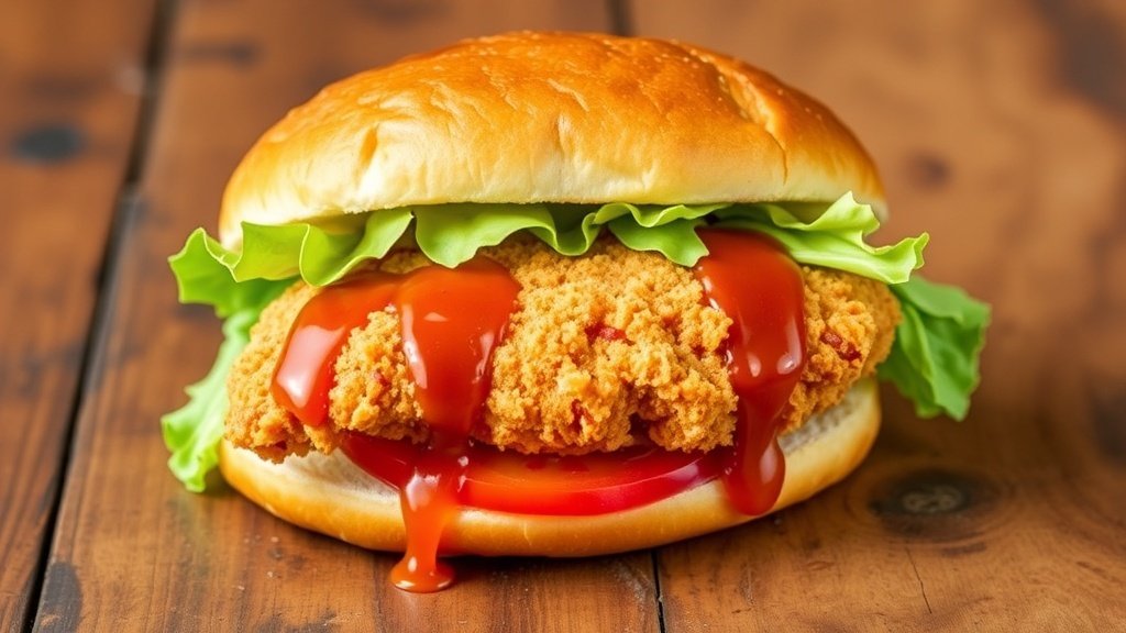 A honey chipotle chicken sandwich with crispy chicken, lettuce, and tomato on a toasted bun, served on a wooden table.