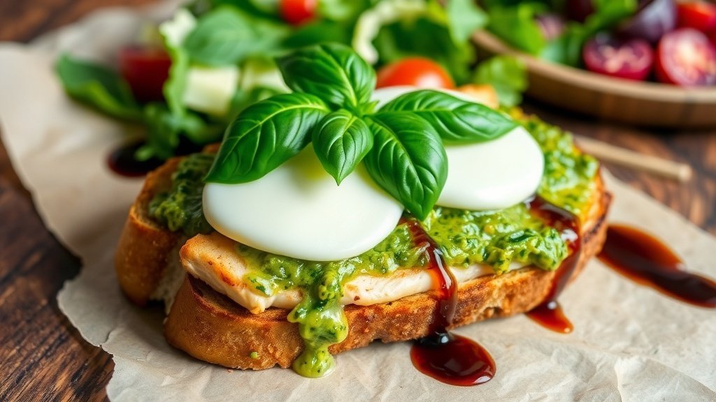 Creamy pesto chicken melt with mozzarella on toasted bread, garnished with basil and balsamic glaze, served with a side salad.