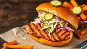 A blackened Cajun chicken sandwich with slaw and pickles on a wooden table, served with sweet potato fries.