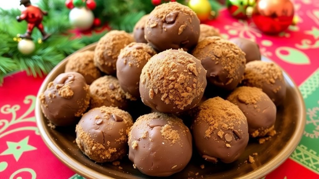 A festive plate of no-bake bourbon protein balls dusted with cocoa powder, set on a holiday-themed table.