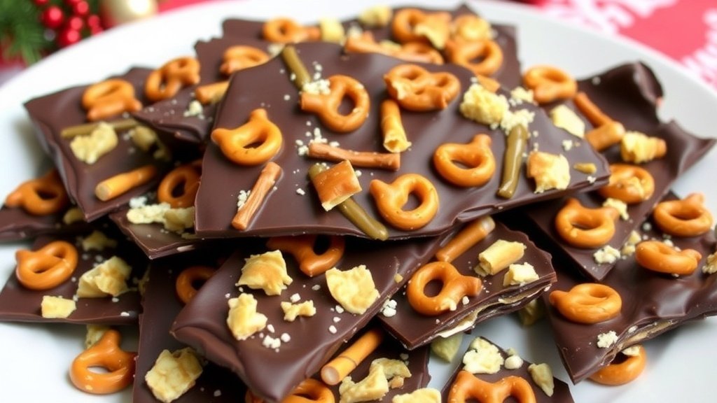 Salted caramel pretzel protein bark with dark chocolate, pretzels, and caramel drizzle on a festive plate.