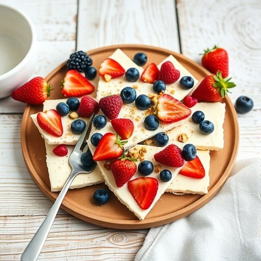A plate of Berry Cottage Cheese Protein Bark topped with fresh strawberries, blueberries, and raspberries.