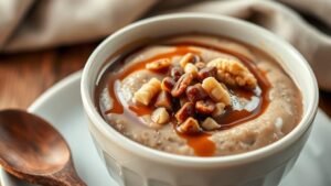 Sticky toffee protein pudding in a bowl, drizzled with caramel and topped with nuts, set in a cozy winter scene.