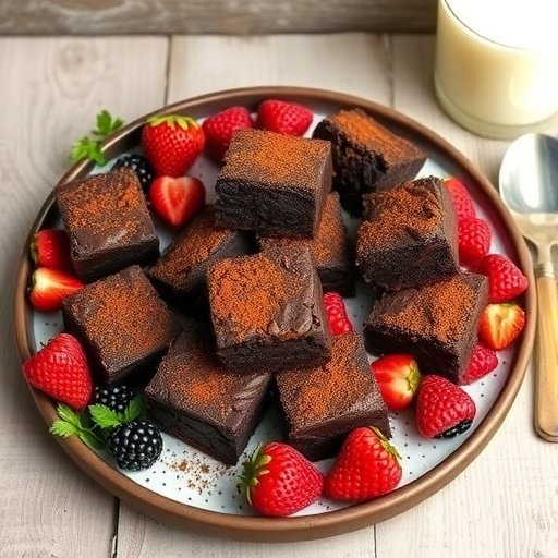 A plate of fudgy brownie bites surrounded by fresh strawberries and blackberries.