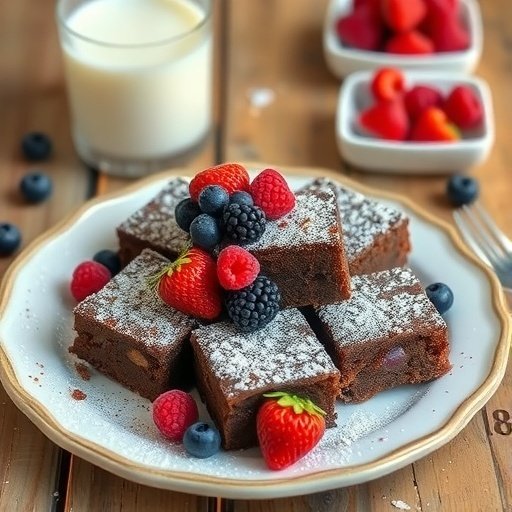A plate of fudgy brownies topped with fresh berries and powdered sugar, with a glass of milk in the background.