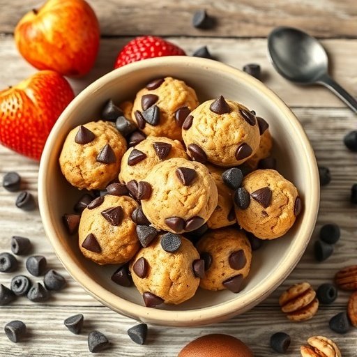 A bowl of high-protein cookie dough bites with chocolate chips, surrounded by fresh fruits and chocolate chips.