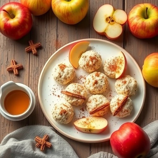 Plate of cinnamon apple cottage cheese snack bites with fresh apples and cinnamon sticks