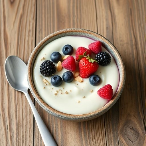 A bowl of creamy cottage cheese chia pudding topped with fresh berries and nuts.