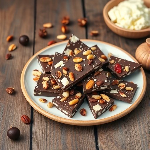 A plate of chocolate bark topped with nuts and cottage cheese in the background.