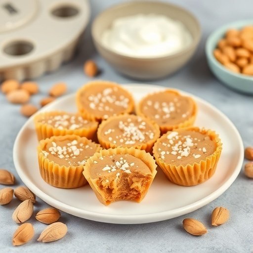A plate of no-bake cottage cheese peanut butter cups with a few cups bitten into, surrounded by peanuts.