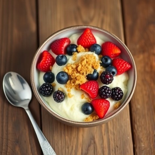A bowl of warm cottage cheese topped with fresh strawberries, blueberries, and a crumble topping.