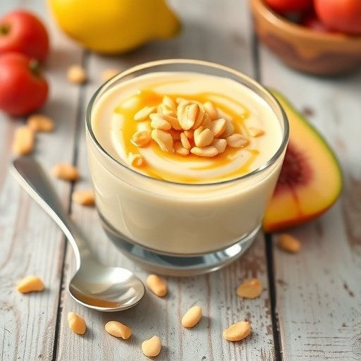 A glass of fluffy cottage cheese peanut butter mousse topped with peanuts, surrounded by fresh fruits.