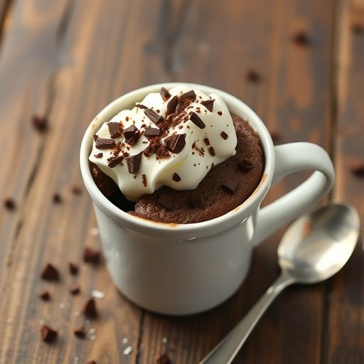A delicious chocolate mug cake topped with whipped cream and chocolate shavings.