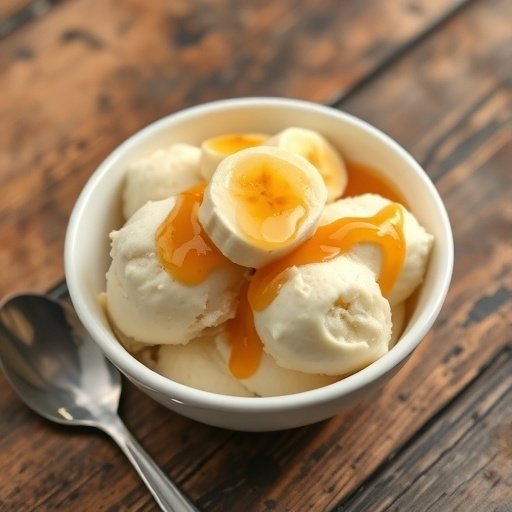 A bowl of creamy banana ice cream topped with banana slices and syrup.