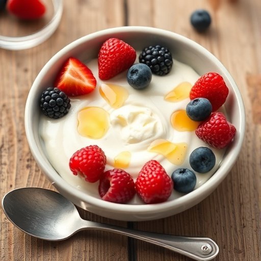 A bowl of creamy cottage cheese pudding topped with fresh berries and honey.