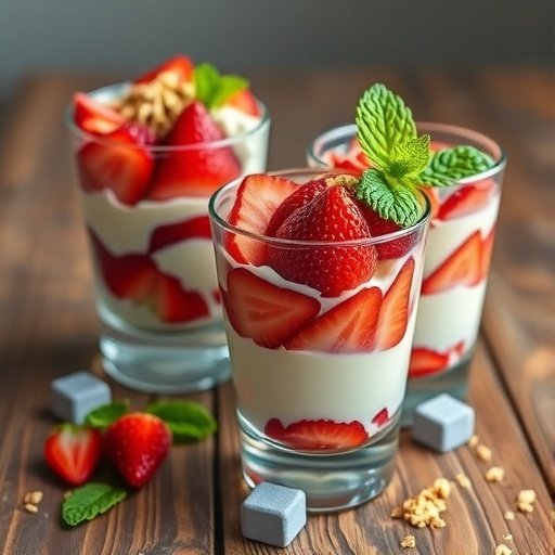 Three glasses of strawberry cottage cheese parfaits with mint leaves and granola on a wooden table.