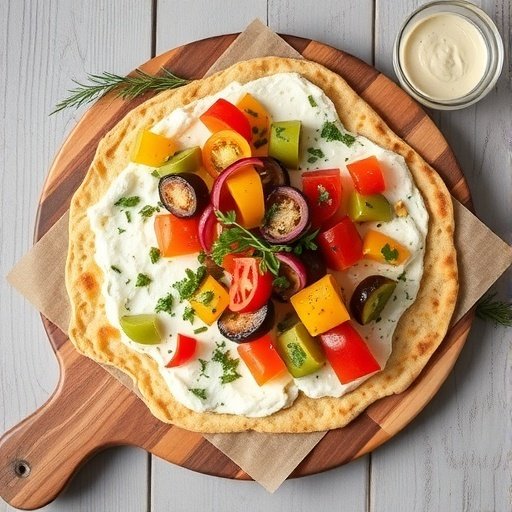 High-protein cottage cheese flatbread topped with colorful vegetables on a wooden board.