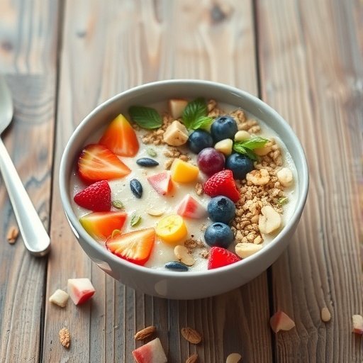 A bowl of cottage cheese smoothie topped with fresh fruits and granola.