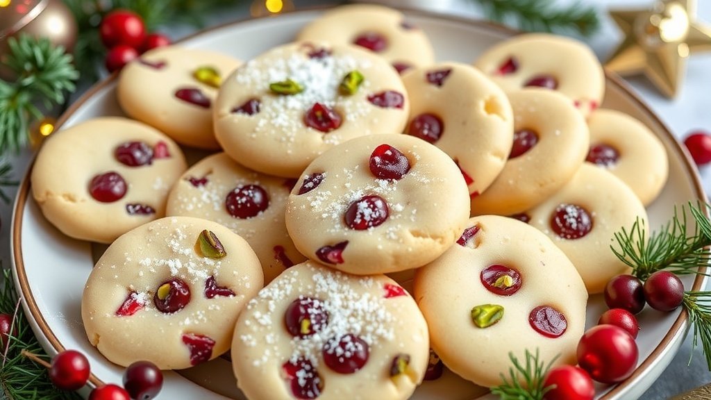 A plate of cranberry-pistachio shortbread cookies, decorated with powdered sugar, set against a festive background.