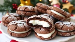 A festive plate of chocolate crinkle sandwich cookies filled with marshmallow fluff, dusted with powdered sugar.
