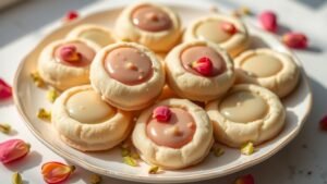 Pistachio-rose thumbprint cookies filled with white chocolate ganache, garnished with pistachios on a porcelain plate.