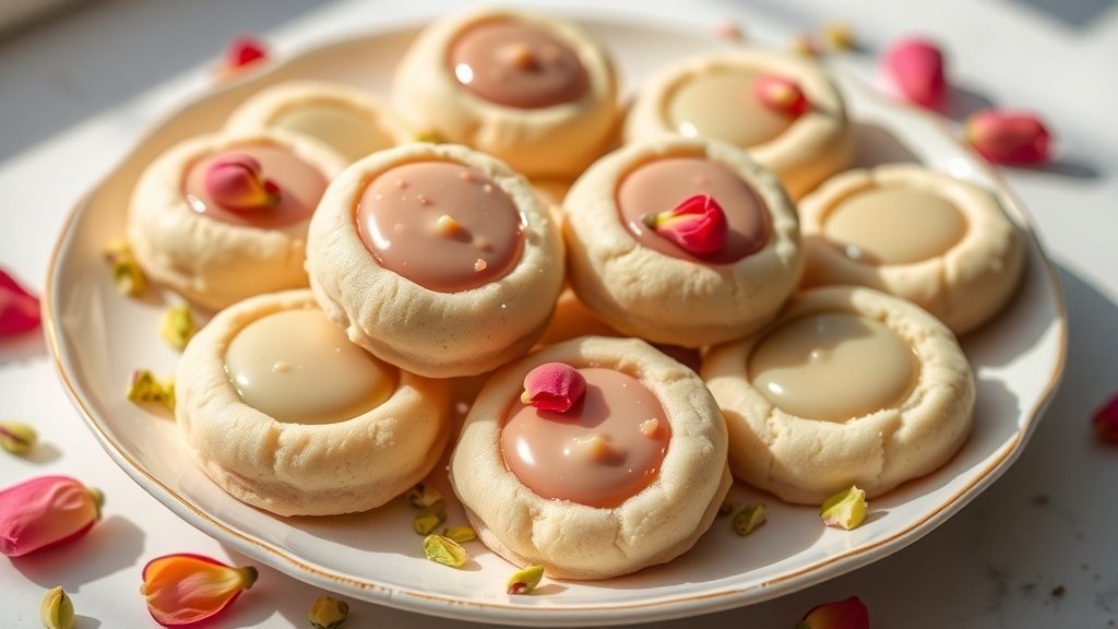 Pistachio-rose thumbprint cookies filled with white chocolate ganache, garnished with pistachios on a porcelain plate.